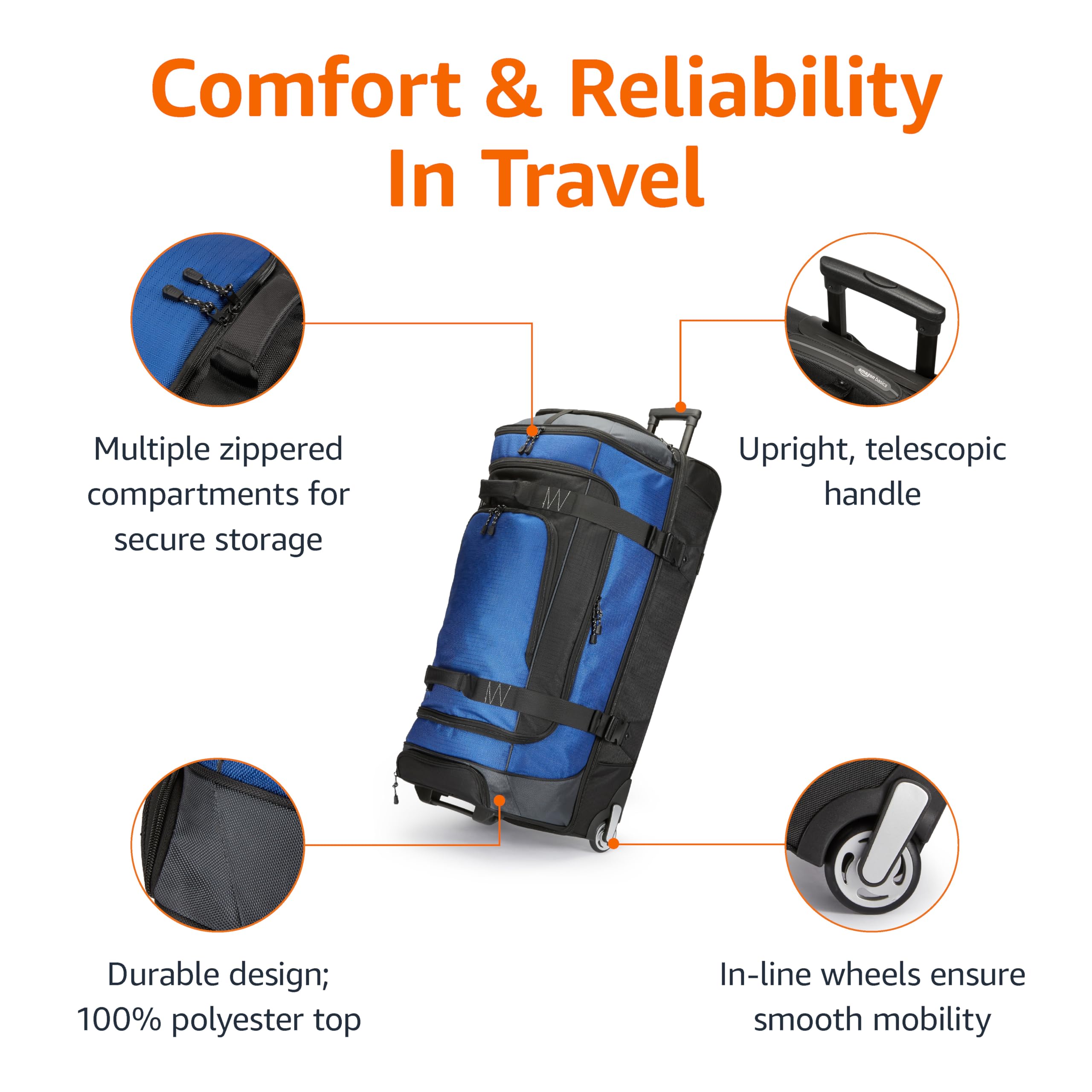 Amazon Basics 35 Large Rolling Duffle Bag, Blue -  by Handbags Specialist Headquarter | Available at Handbags Specialist Headquarter