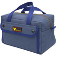 Blue fabric tool bag with royal blue handles, black buttons, and a yellow logo on the front.