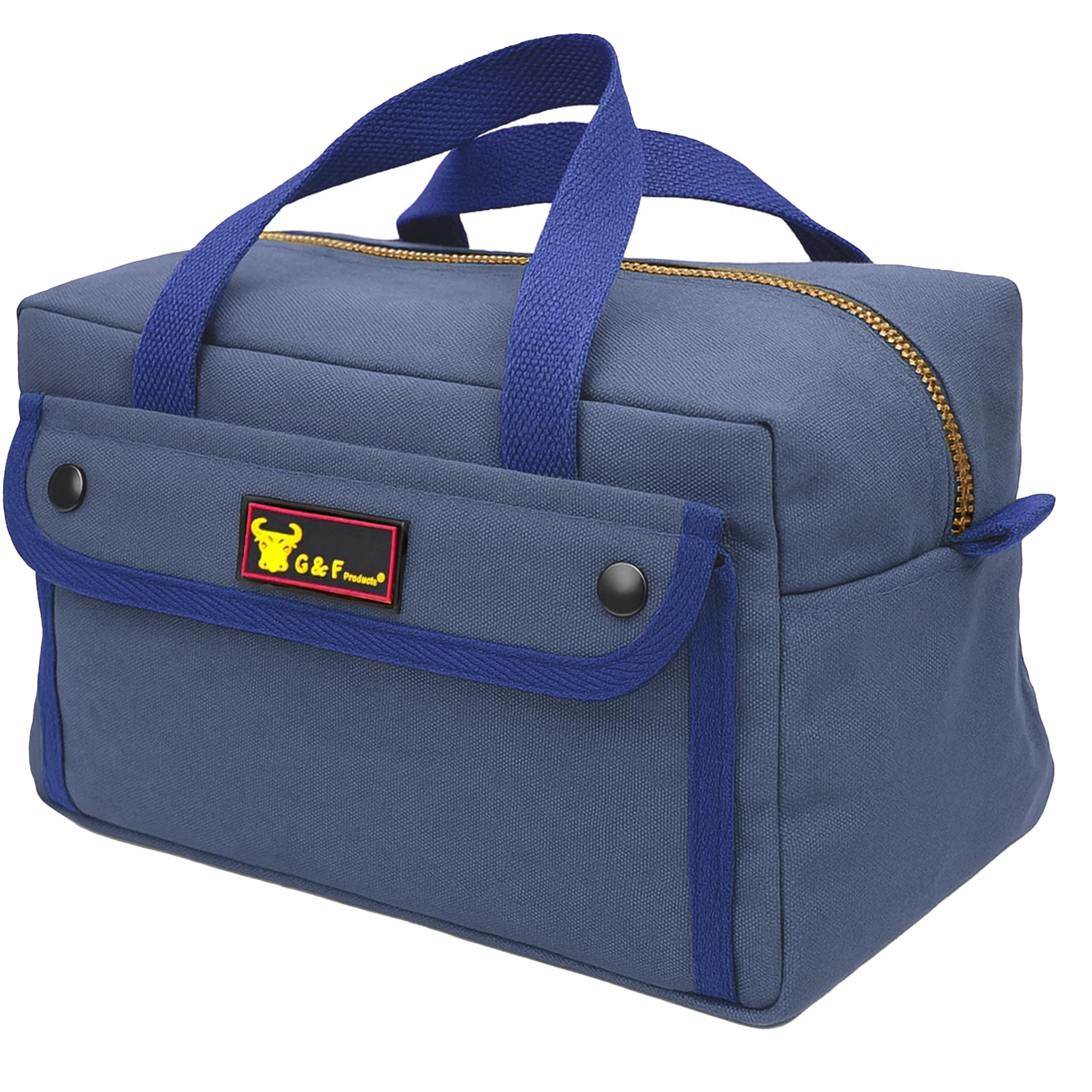 Blue fabric tool bag with royal blue handles, black buttons, and a yellow logo on the front.
