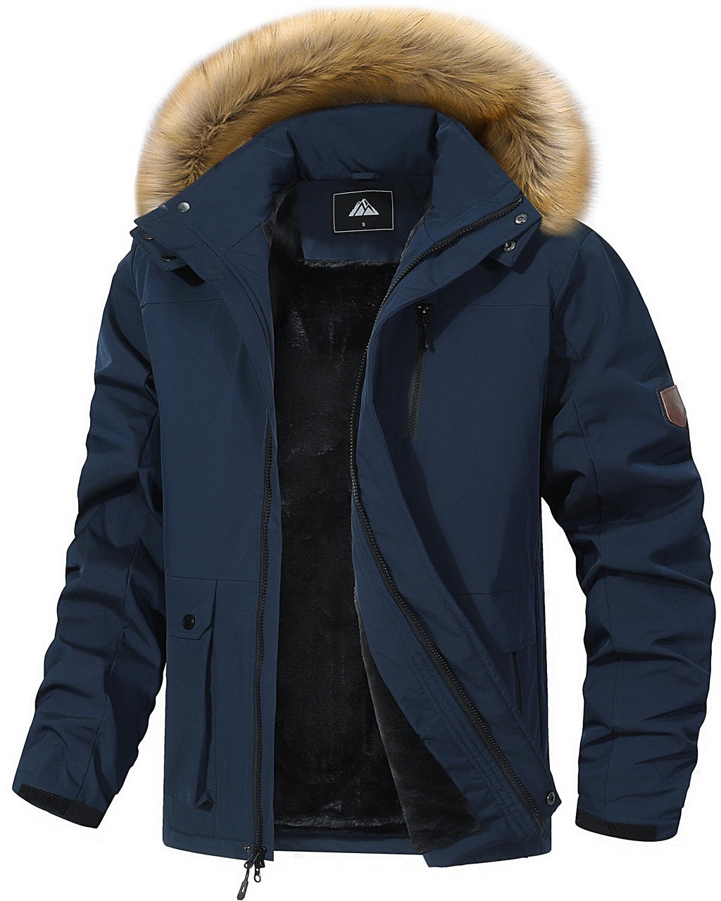 Navy blue jacket with faux fur hood, black interior lining, and zippered front.