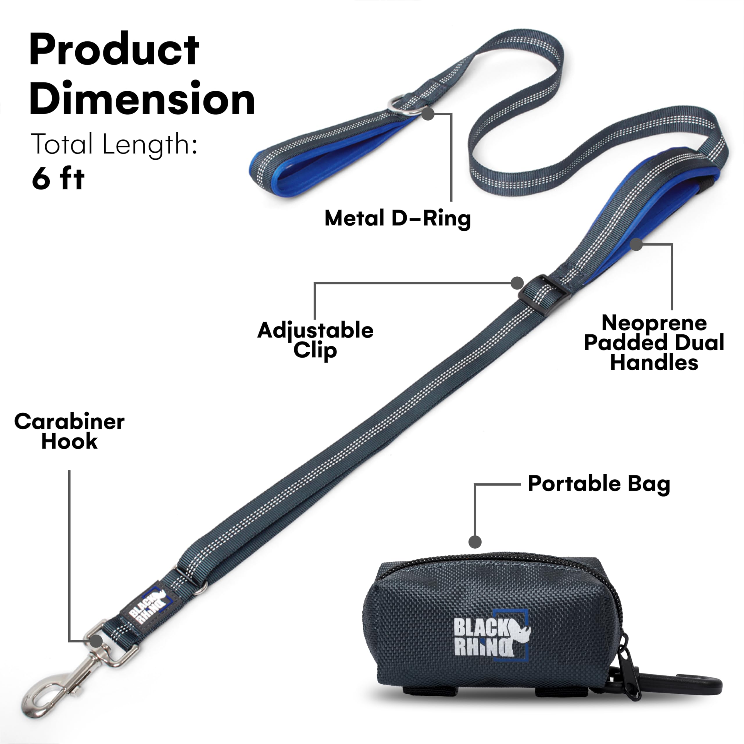 RhinoGrip Aqua: Double Handle Reflective Dog Leash -  by Handbags Specialist Headquarter | Available at Handbags Specialist Headquarter