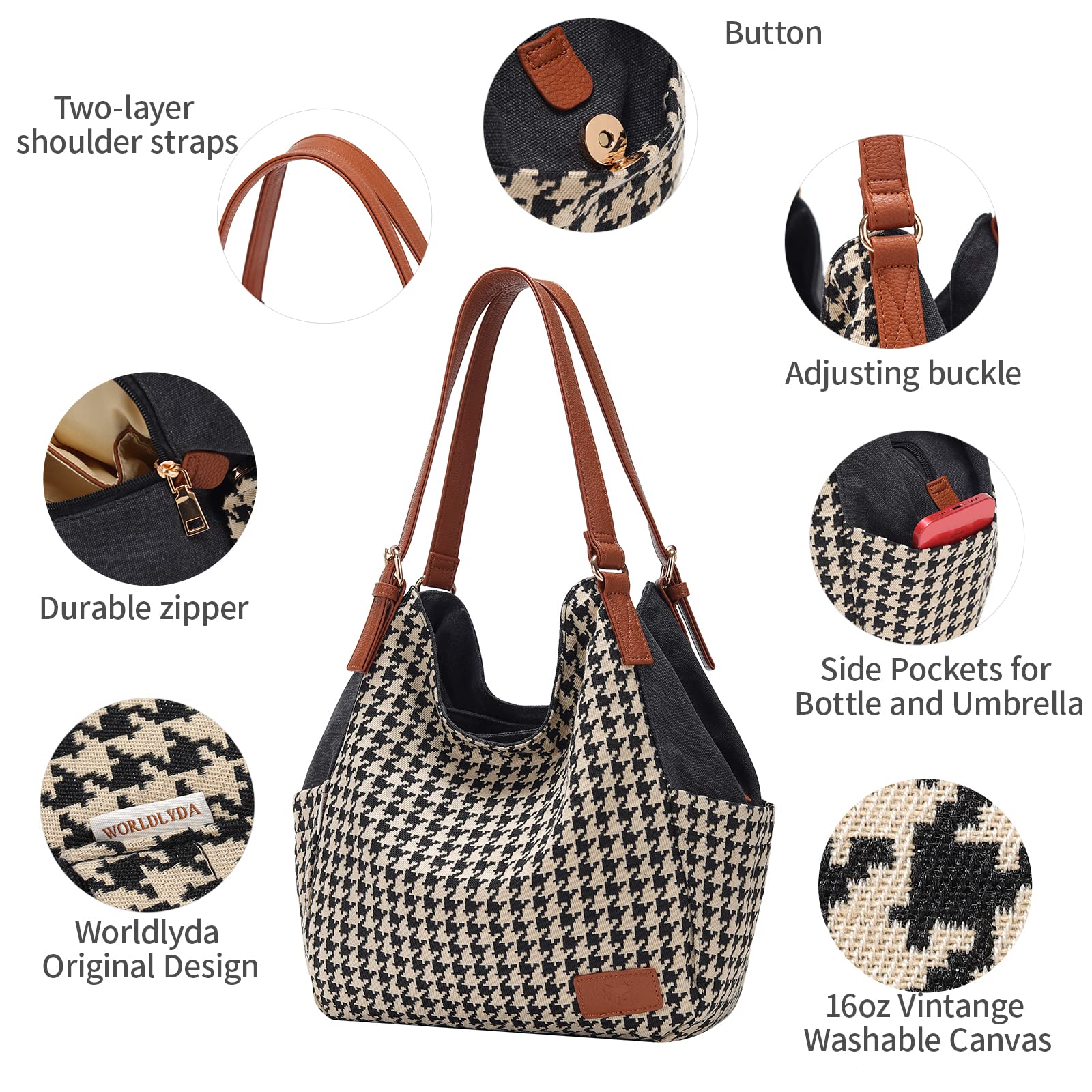 Worldlyda Women Canvas Embroidered Hobo Tote Bag