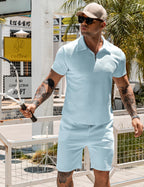 URRU Men's 2-Piece 3D Textured Polo & Shorts Set