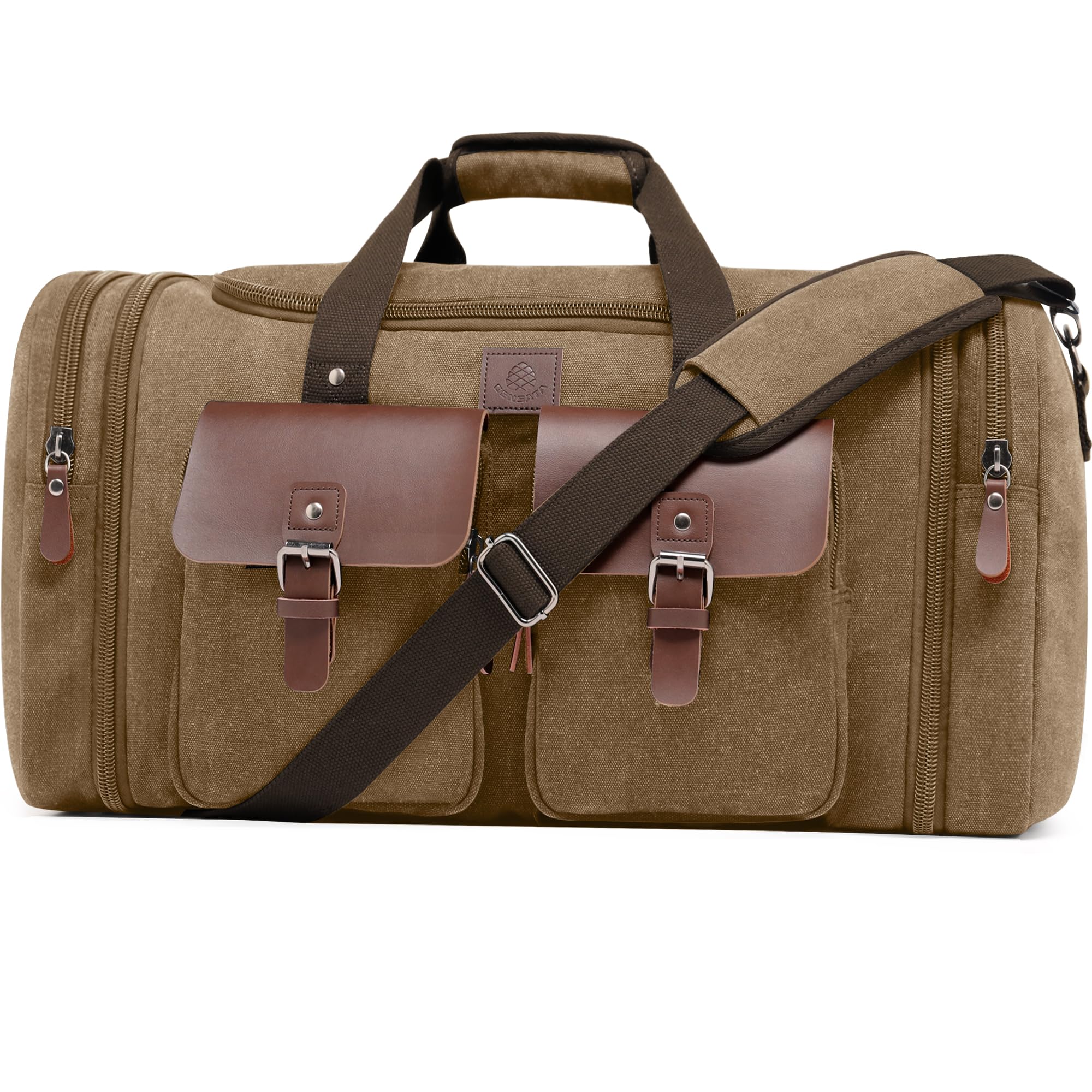 50L Expandable Canvas Duffel - Leather Trim Travel Bag