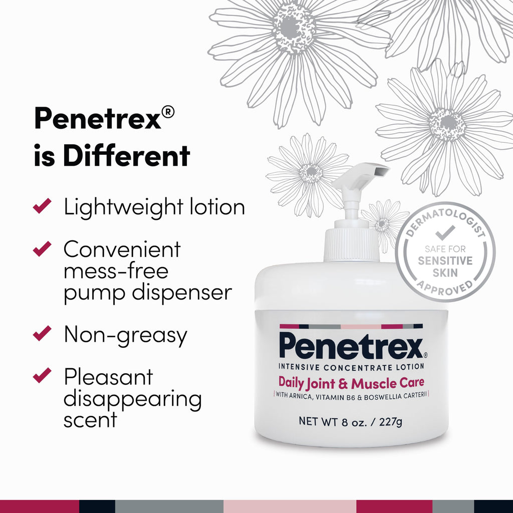 Penetrex Daily Joint & Muscle Care cream in 8oz white pump jar with floral background, lightweight lotion for sensitive skin. - Penetrex Cream Duo Pack - 2oz & 4oz Jars - 4 Ounce (Pack of 1) - Handbags Specialist Headquarter