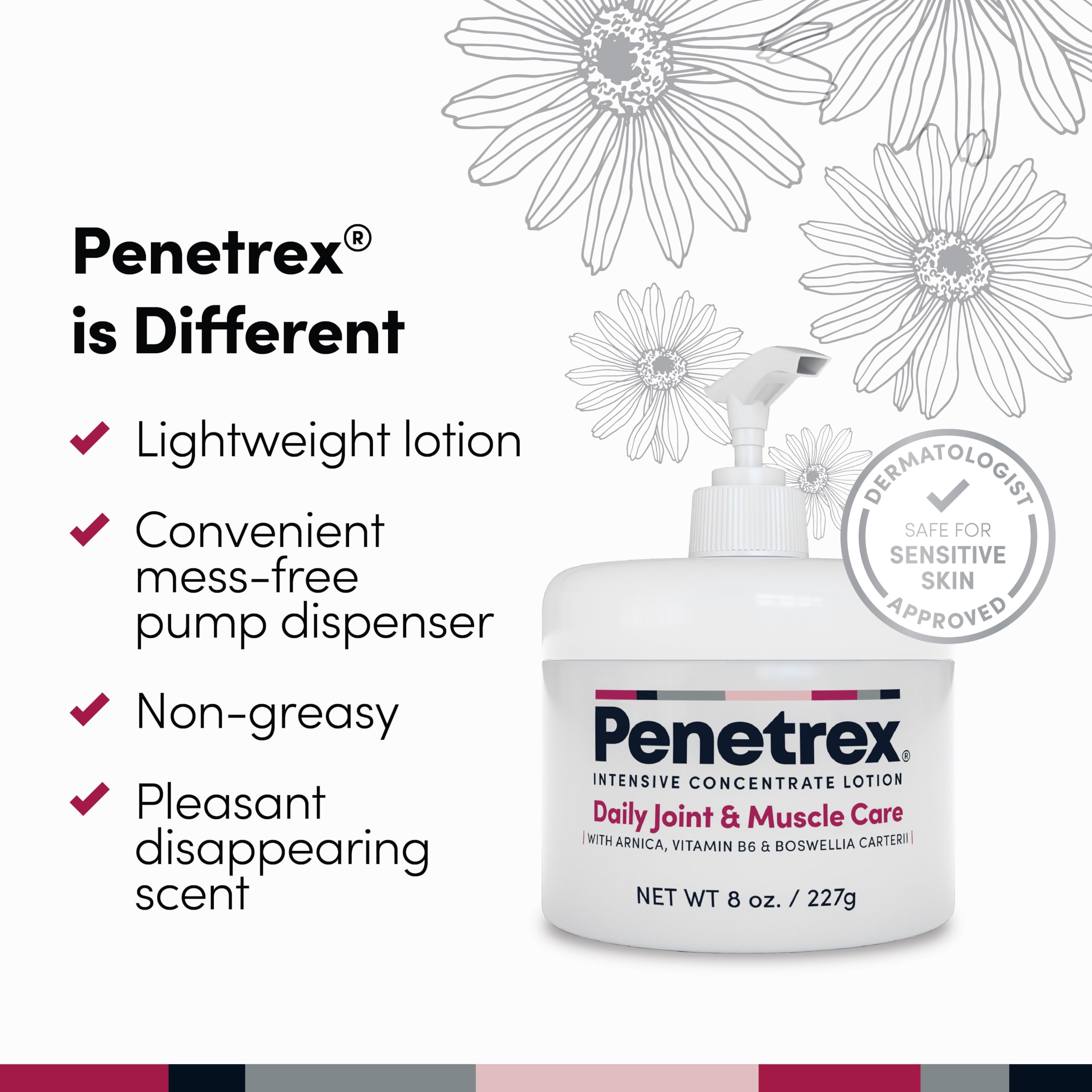 Penetrex Daily Joint & Muscle Care cream in 8oz white pump jar with floral background, lightweight lotion for sensitive skin. - Penetrex Cream Duo Pack - 2oz & 4oz Jars - 4 Ounce (Pack of 1) - Handbags Specialist Headquarter