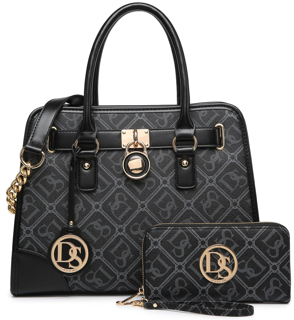Black patterned handbag and wallet set with gold accents and decorative emblems.