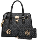 Black patterned handbag and wallet set with gold accents and decorative emblems.