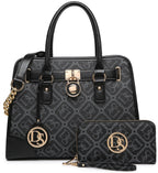 Black patterned handbag and wallet set with gold accents and decorative emblems.