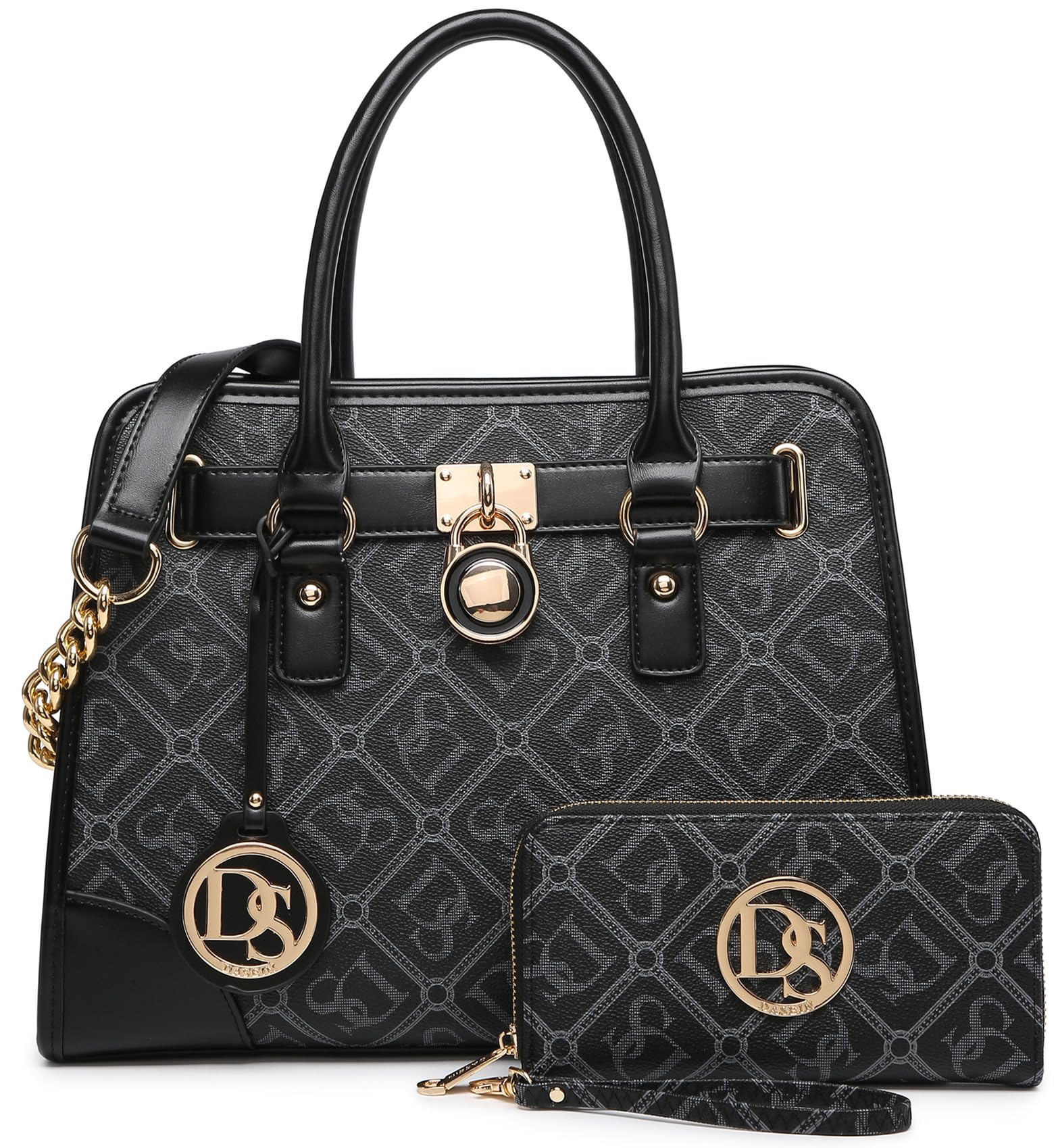 Black patterned handbag and wallet set with gold accents and decorative emblems.