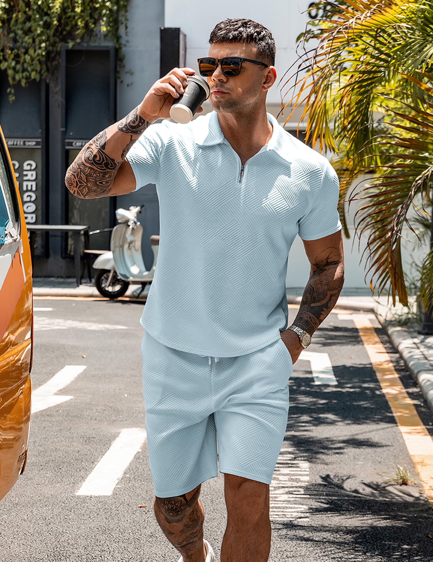 URRU Men's 2-Piece 3D Textured Polo & Shorts Set