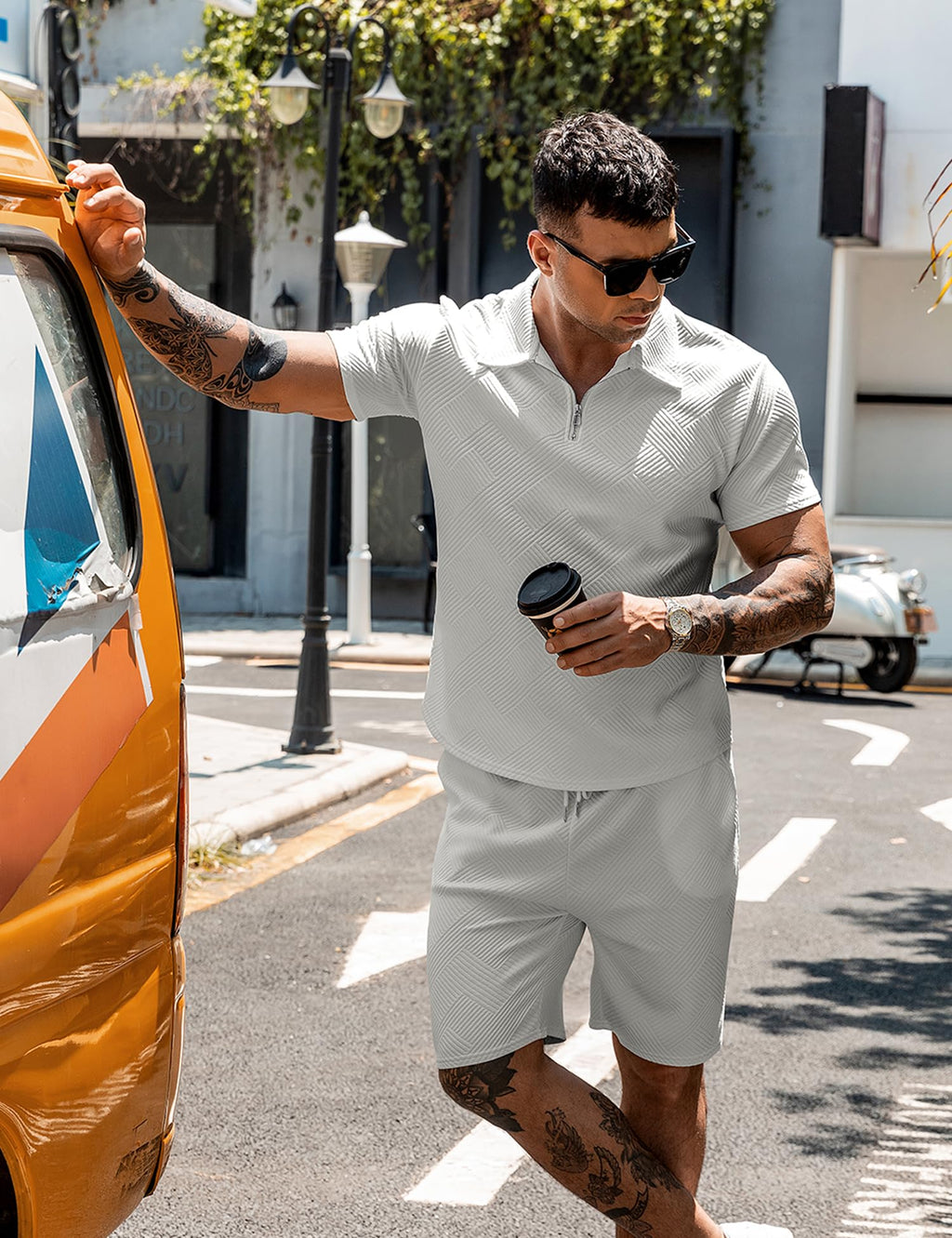 URRU Men's 2-Piece 3D Textured Polo & Shorts Set