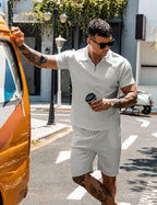 URRU Men's 2-Piece 3D Textured Polo & Shorts Set