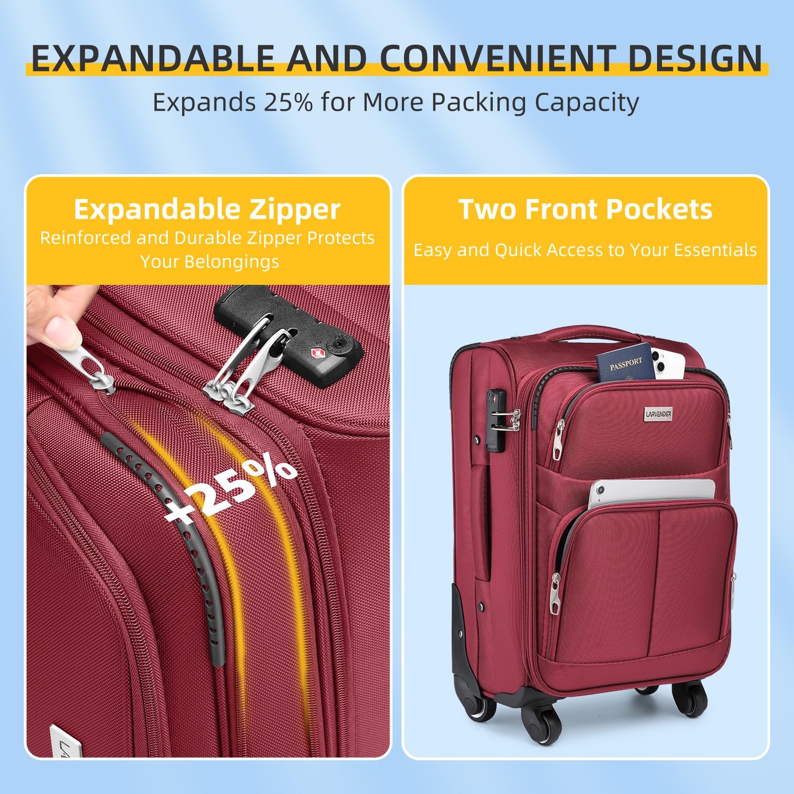 LARVENDER Expandable 5-Piece Spinner Luggage Set -  by Handbags Specialist Headquarter | Available at Handbags Specialist Headquarter