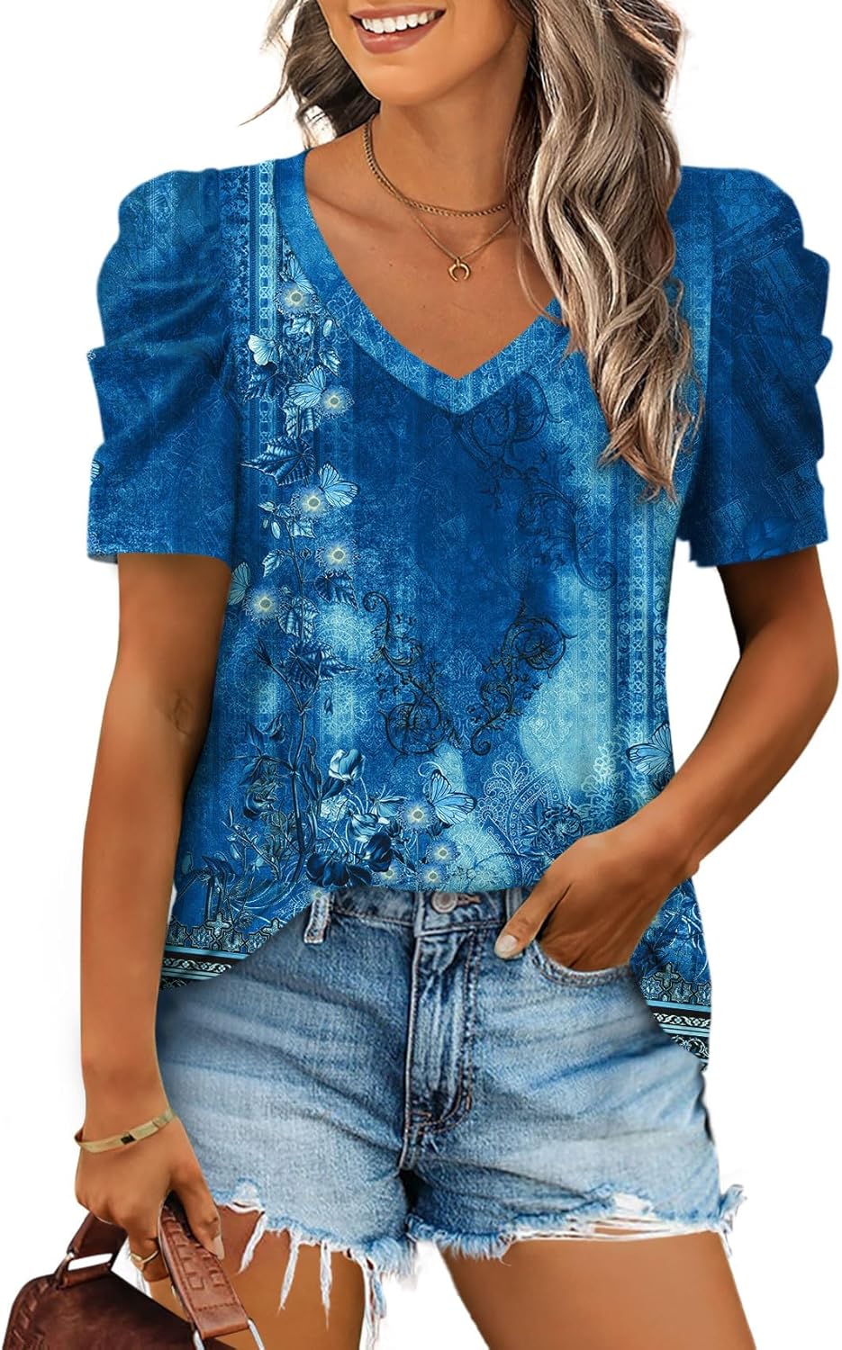 XIEERDUO Summer V-Neck Puff Sleeve Tee - All Sizes - Women's T Shirts by Handbags Specialist Headquarter | Available at Handbags Specialist Headquarter