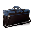 Blue and black duffle bag with multiple zippers, handles, and an adjustable shoulder strap.