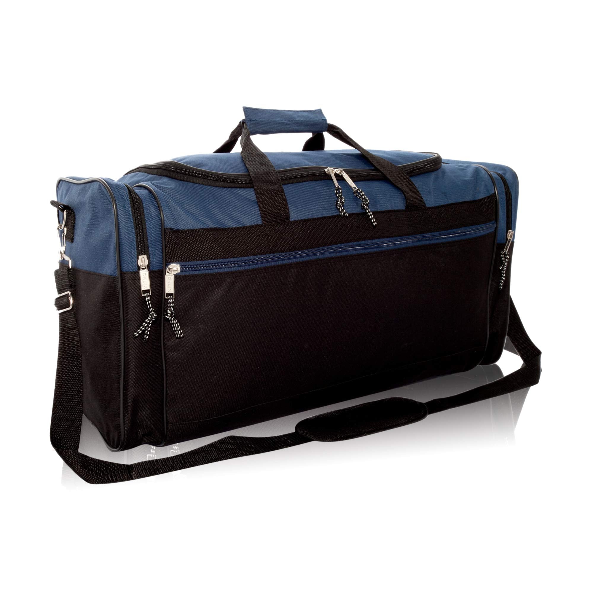 Blue and black duffle bag with multiple zippers, handles, and an adjustable shoulder strap.