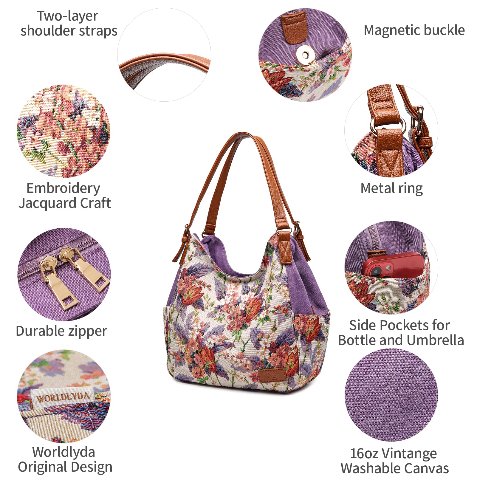 Worldlyda Women Canvas Embroidered Hobo Tote Bag