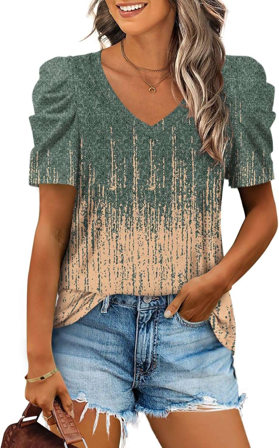 XIEERDUO Summer V-Neck Puff Sleeve Tee - All Sizes - Women's T Shirts by Handbags Specialist Headquarter | Available at Handbags Specialist Headquarter