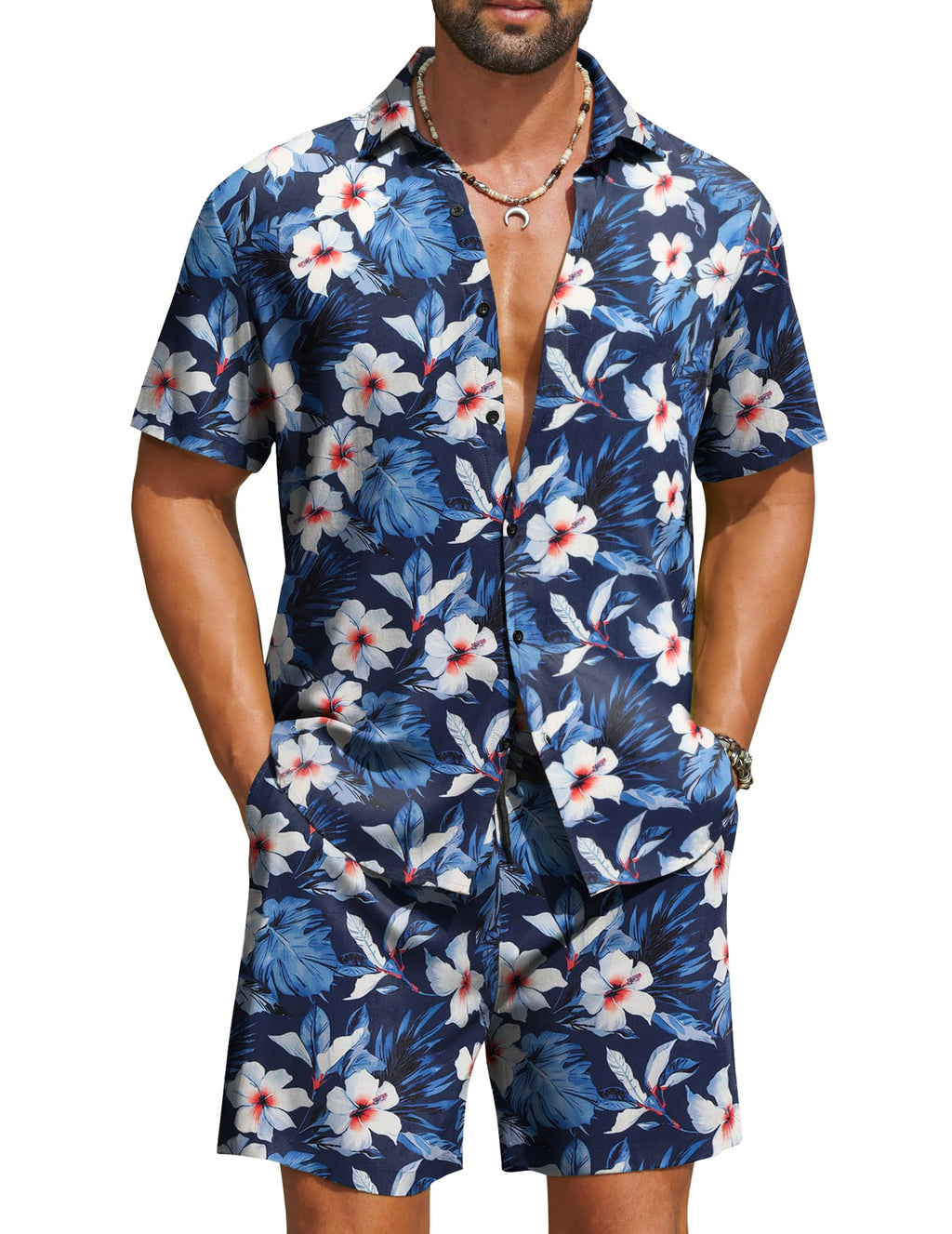 COOFANDY Men's Hawaiian 2 Piece Beach Outfit Set