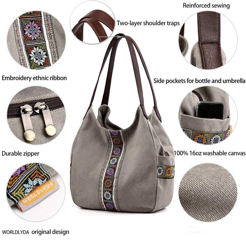 Worldlyda Women Canvas Embroidered Hobo Tote Bag