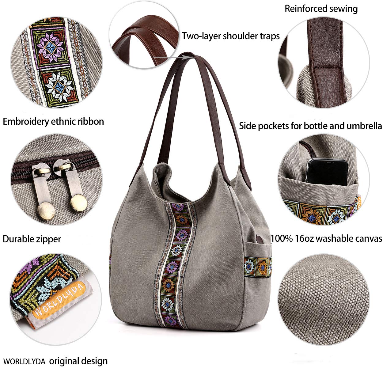 Worldlyda Women Canvas Embroidered Hobo Tote Bag