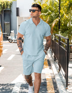 URRU Men's 2-Piece 3D Textured Polo & Shorts Set