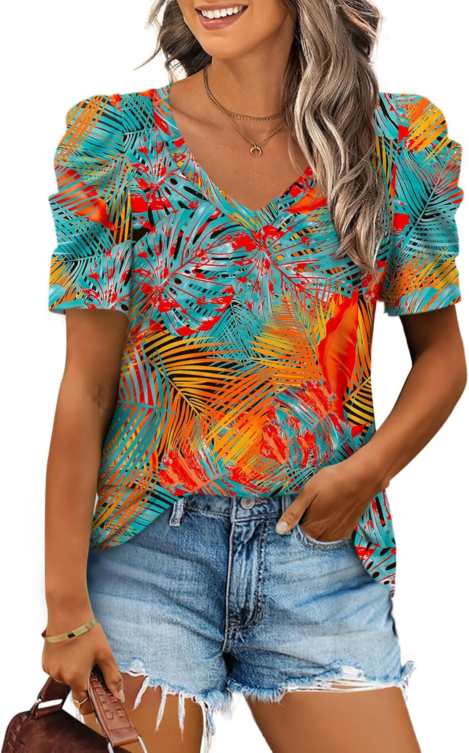 XIEERDUO Summer V-Neck Puff Sleeve Tee - All Sizes - Women's T Shirts by Handbags Specialist Headquarter | Available at Handbags Specialist Headquarter