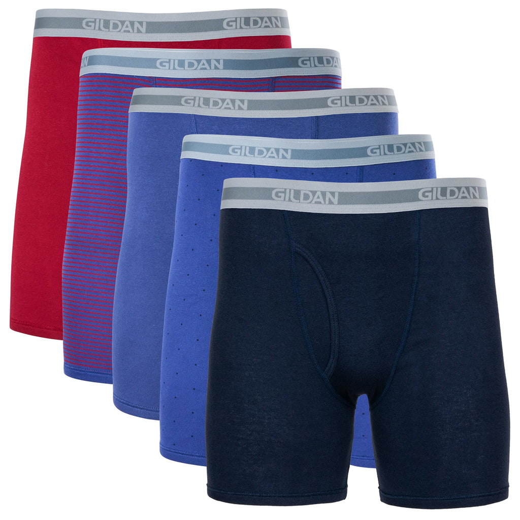 Five Gildan boxer briefs in red, striped, blue, dotted, and dark blue with gray waistbands.