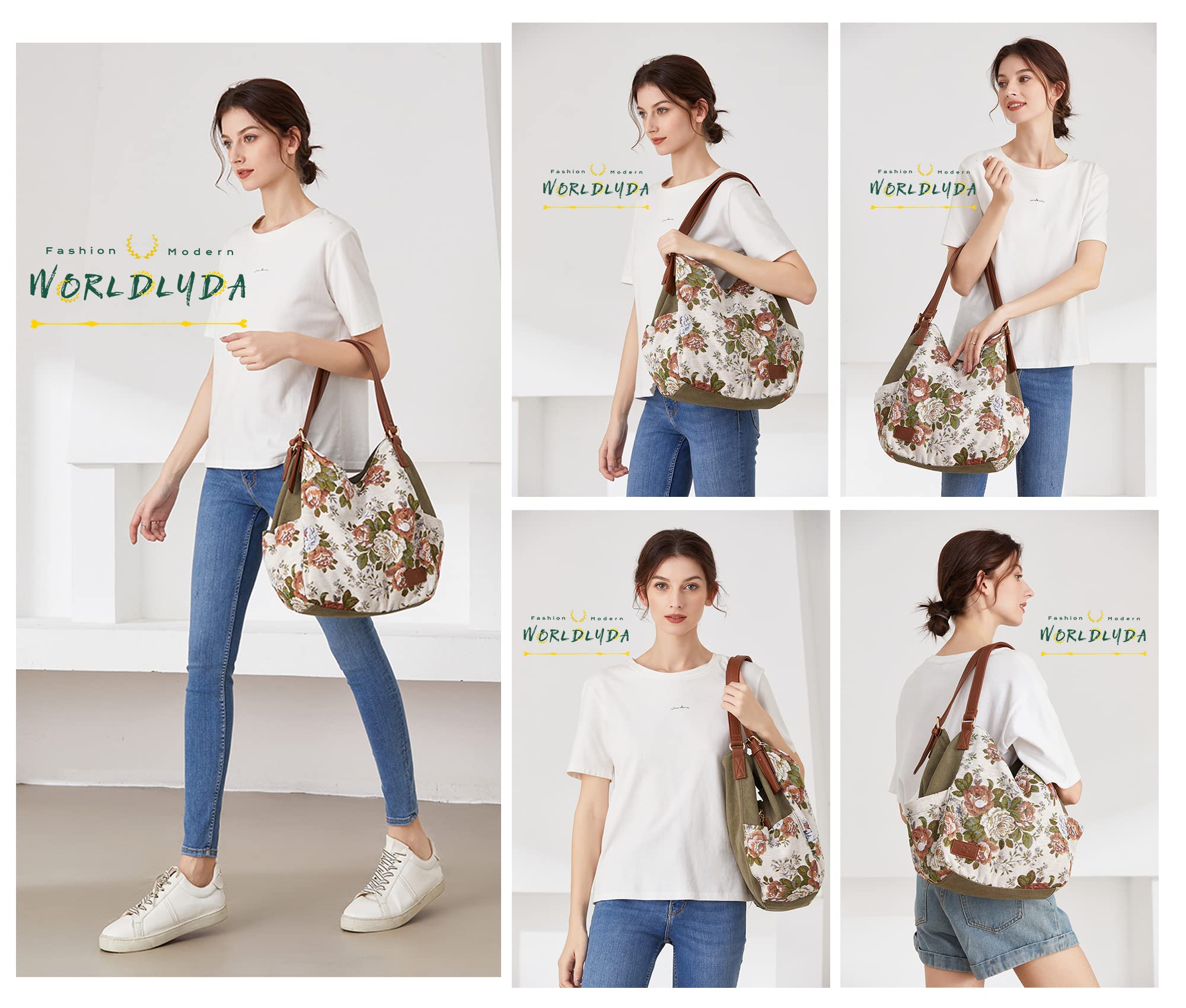 Worldlyda Women Canvas Embroidered Hobo Tote Bag