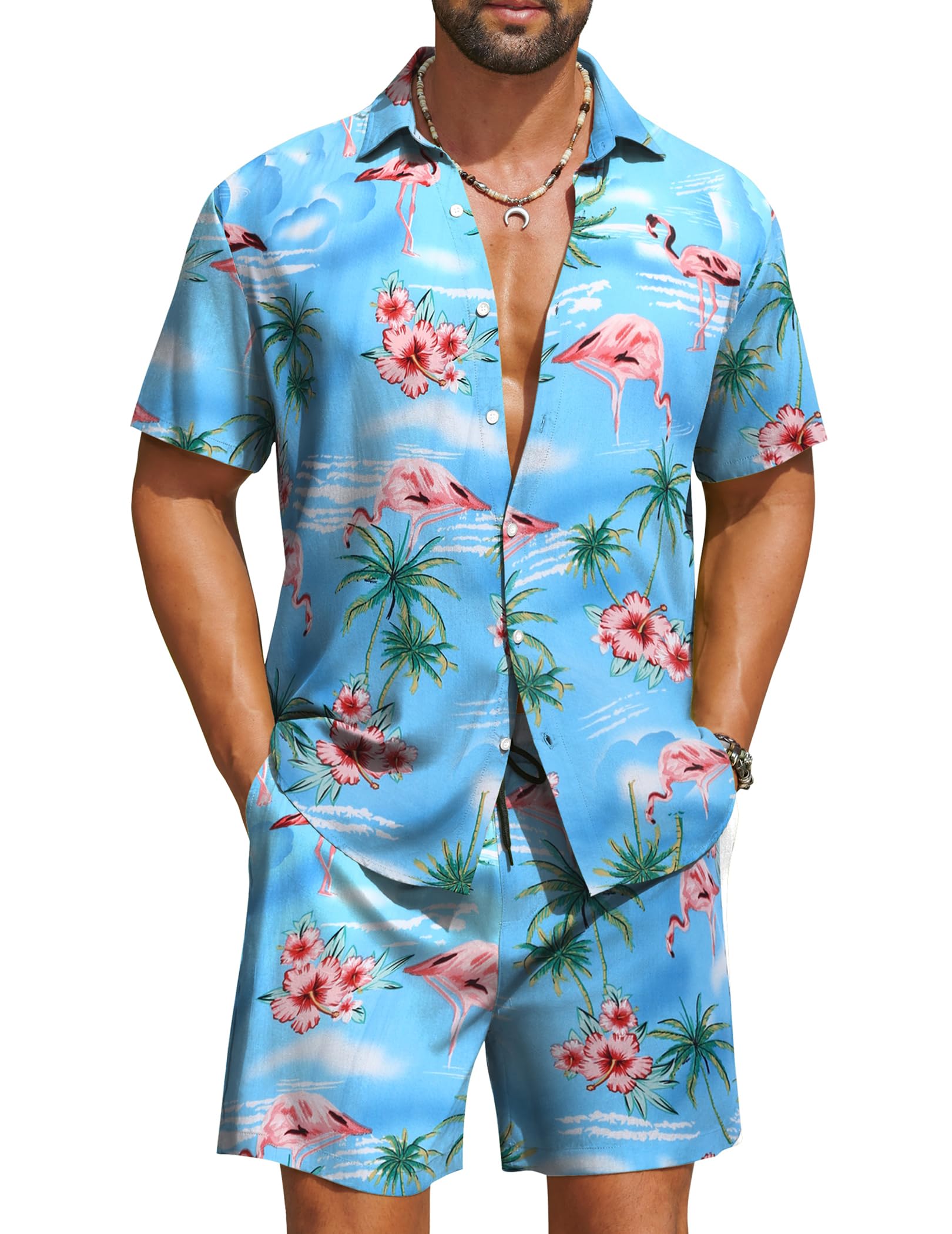 COOFANDY Men's Hawaiian 2 Piece Beach Outfit Set