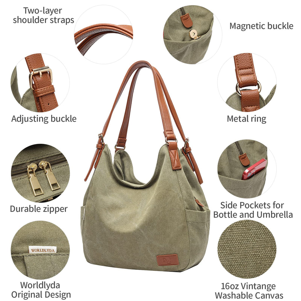 Worldlyda Women Canvas Embroidered Hobo Tote Bag