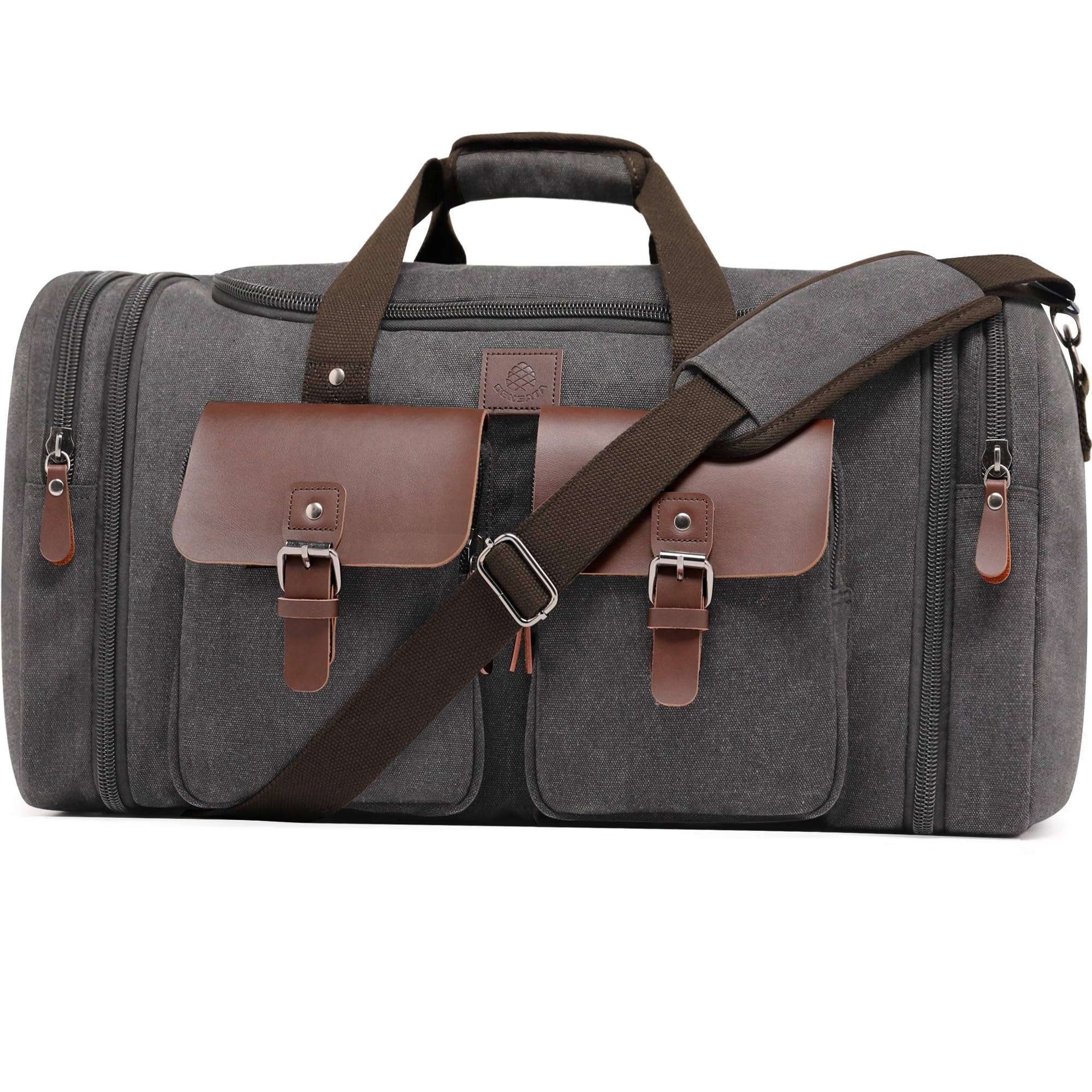 50L Expandable Canvas Duffel - Leather Trim Travel Bag