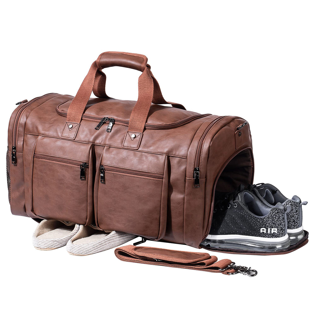 Leather Travel Bag with Shoe Pouch, Brown