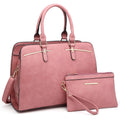 Pink handbag set with gold accents, includes a large tote and matching wristlet pouch.