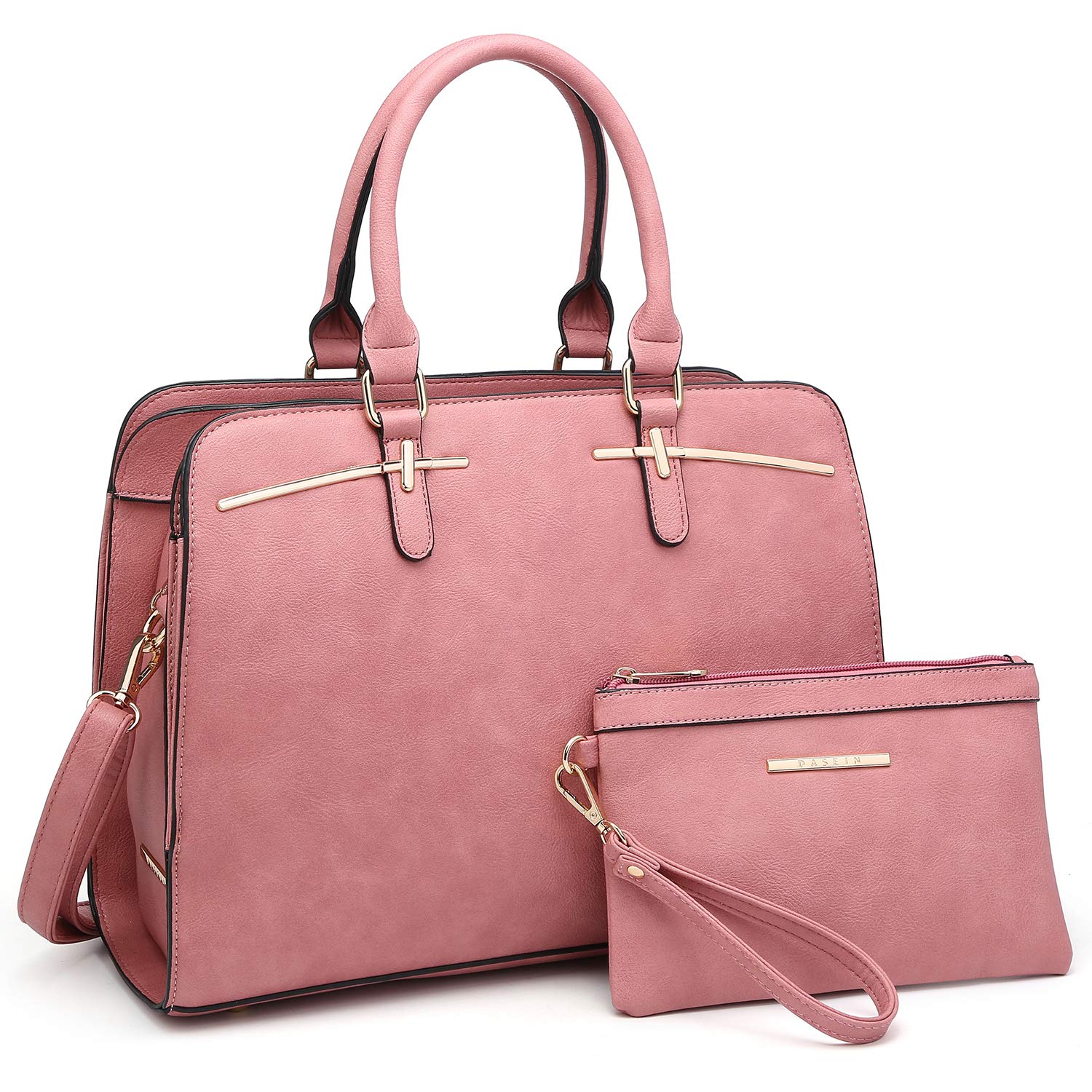 Pink handbag set with gold accents, includes a large tote and matching wristlet pouch.