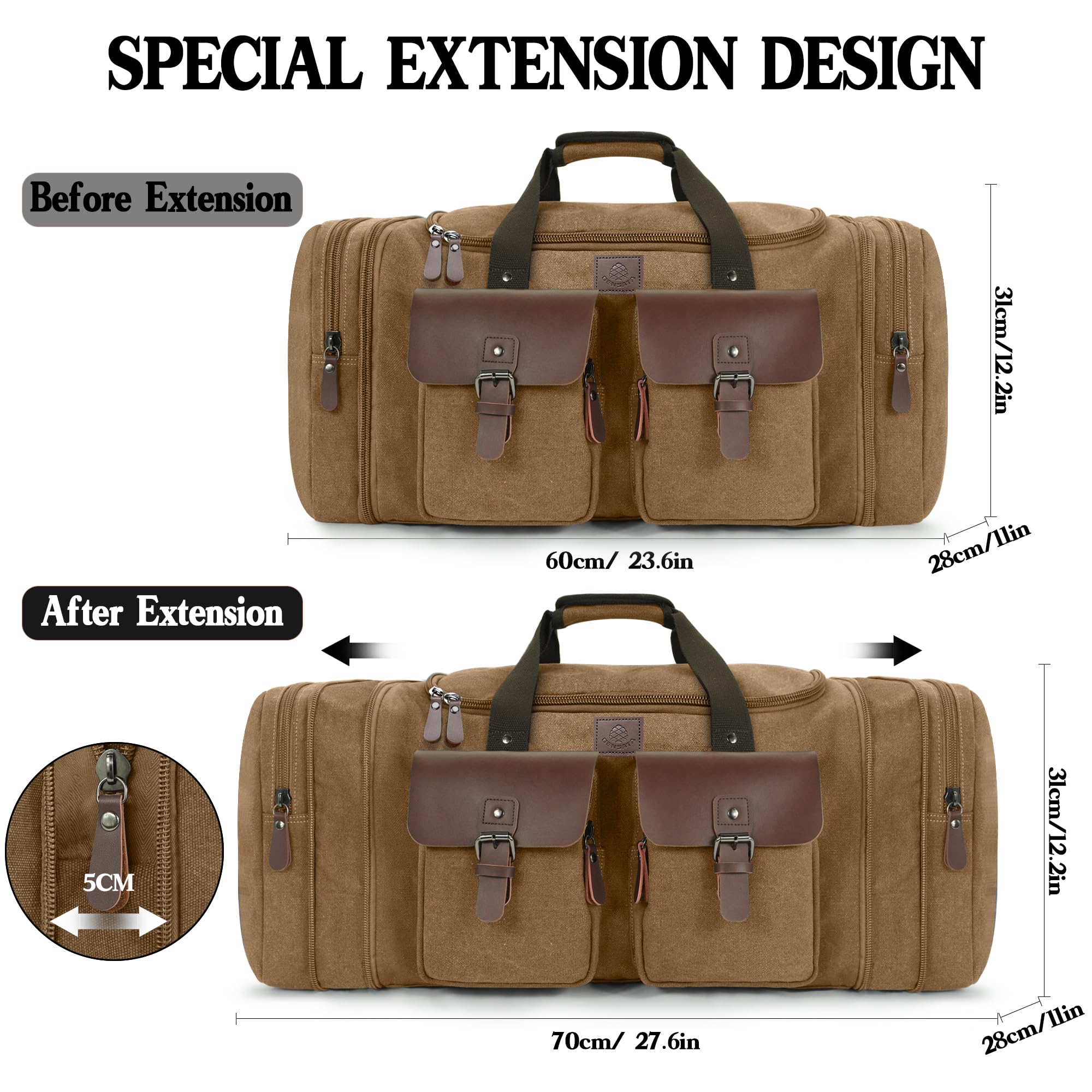 50L Expandable Canvas Duffel - Leather Trim Travel Bag