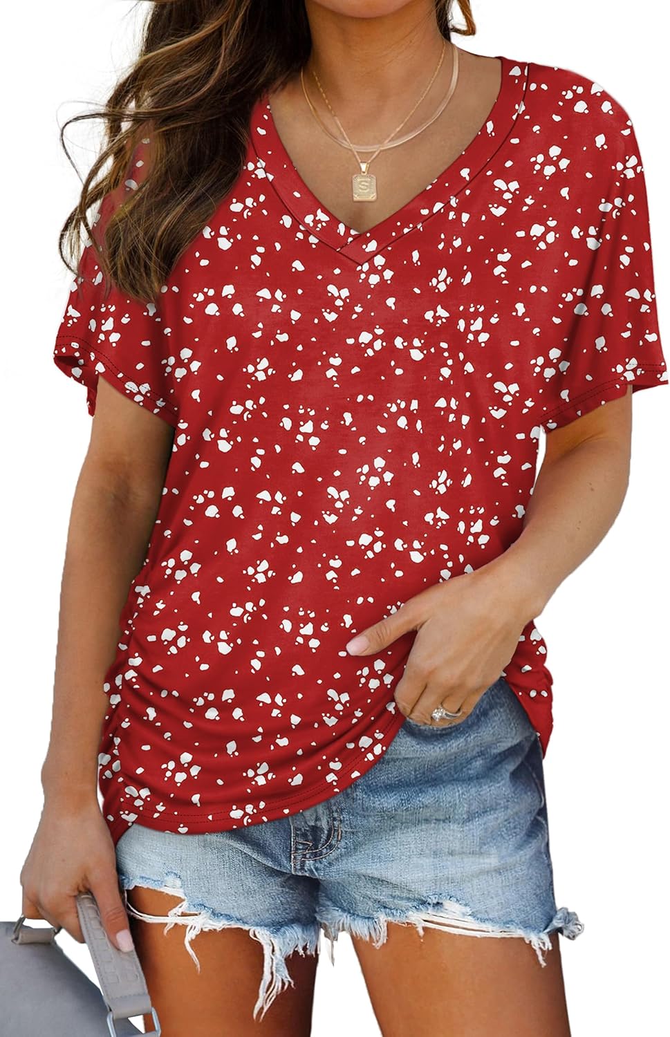 WIHOLL V-Neck Dolman Top with Side Shirring - Women's T Shirts by Handbags Specialist Headquarter | Available at Handbags Specialist Headquarter