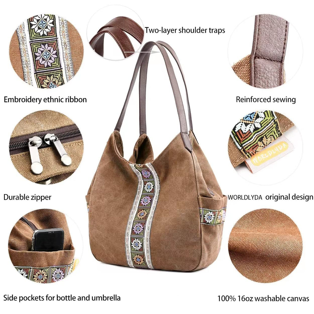 Worldlyda Women Canvas Embroidered Hobo Tote Bag