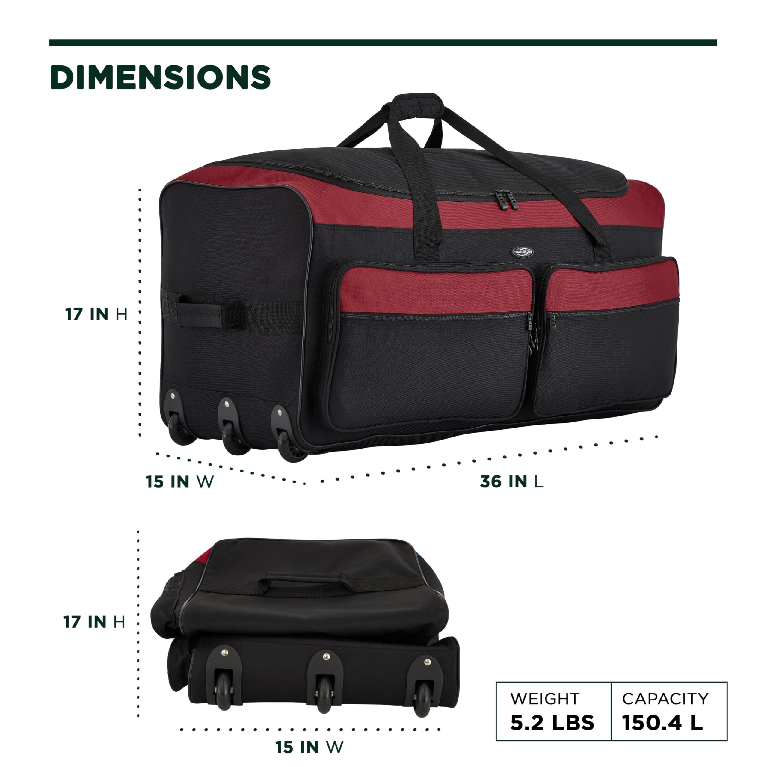 Travelers Club 36" Asgard 3-Wheel Rolling Duffel Bag -  by Handbags Specialist Headquarter | Available at Handbags Specialist Headquarter