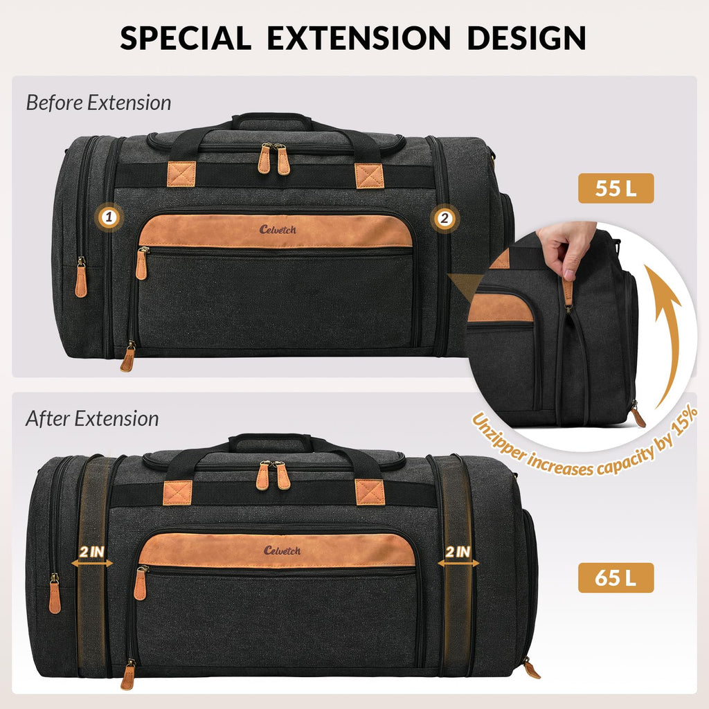 Canvas Duffle Bag for Travel 50L Expandable Travel Duffel Bags for Men Women Weekender Overnight Bag with Shoes Compartment - Dark Grey – ##variant## 