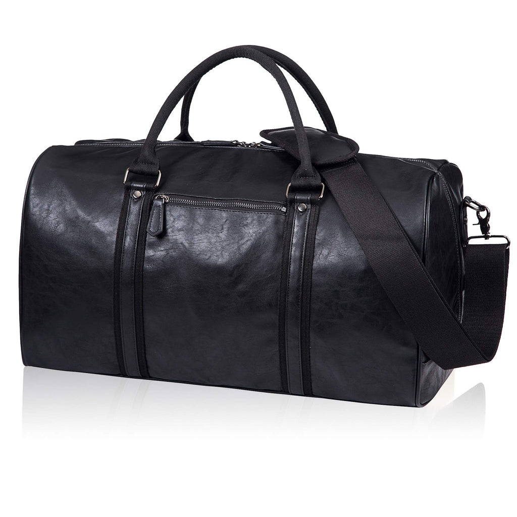 Black leather duffel bag with dual handles, a shoulder strap, and a side zipper pocket.