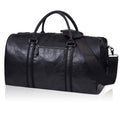Black leather duffel bag with dual handles, a shoulder strap, and a side zipper pocket.
