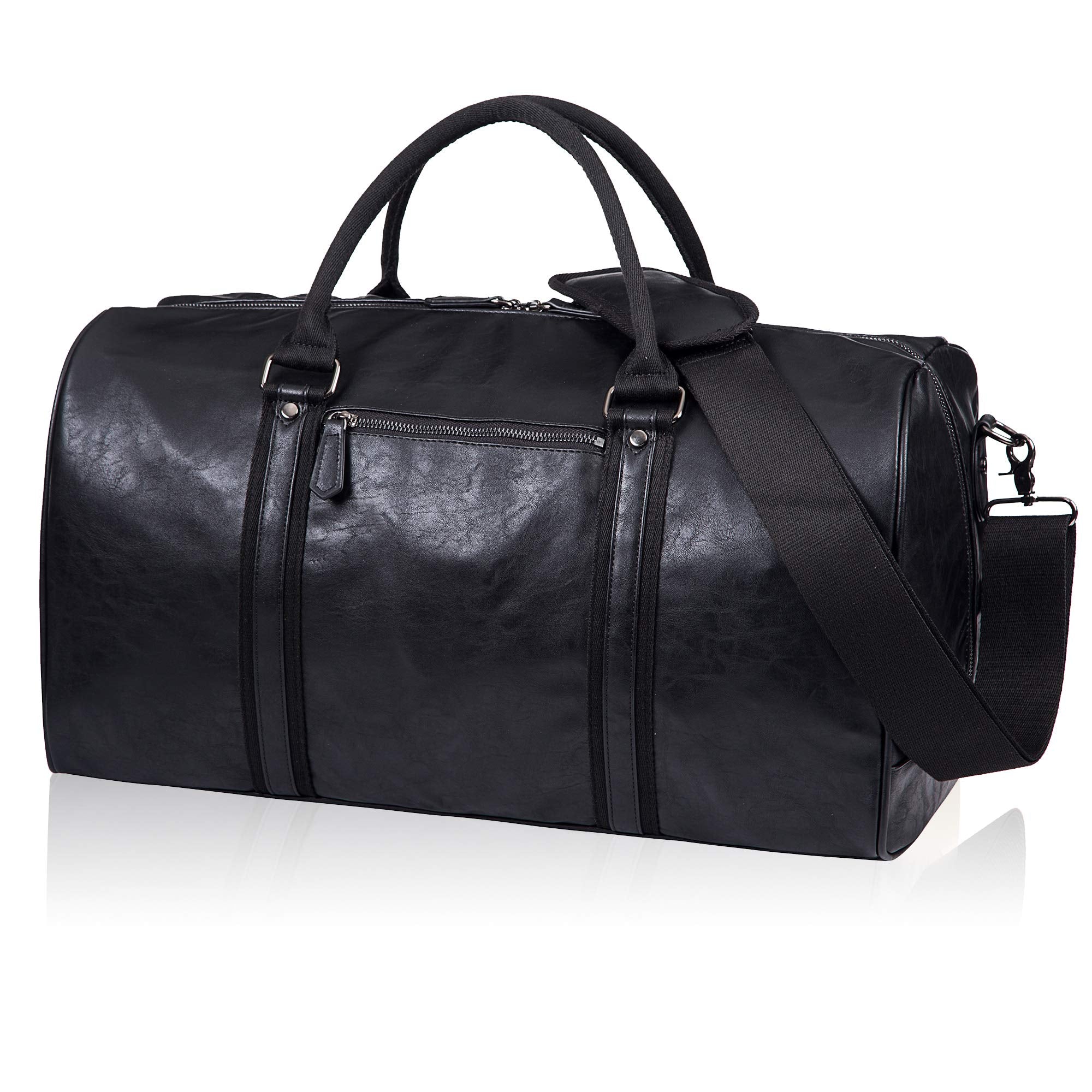 Black leather duffel bag with dual handles, a shoulder strap, and a side zipper pocket.