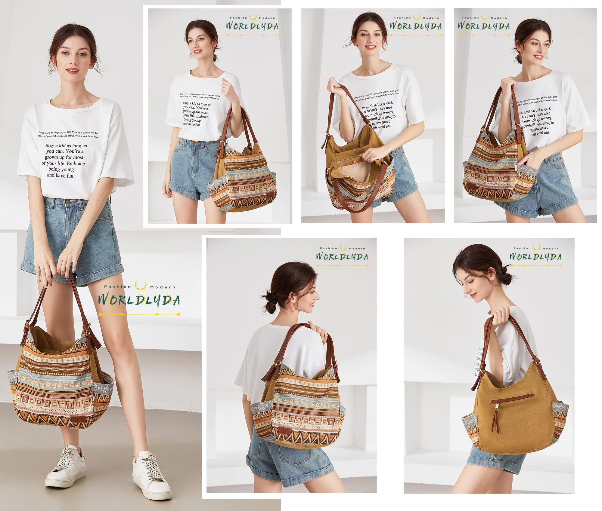Worldlyda Women Canvas Embroidered Hobo Tote Bag