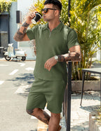 URRU Men's 2-Piece 3D Textured Polo & Shorts Set