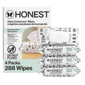 Honest wipes box and packs, white with black geometric patterns, "Do Not Flush" symbol visible.