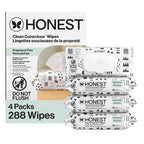 Honest wipes box and packs, white with black geometric patterns, "Do Not Flush" symbol visible.