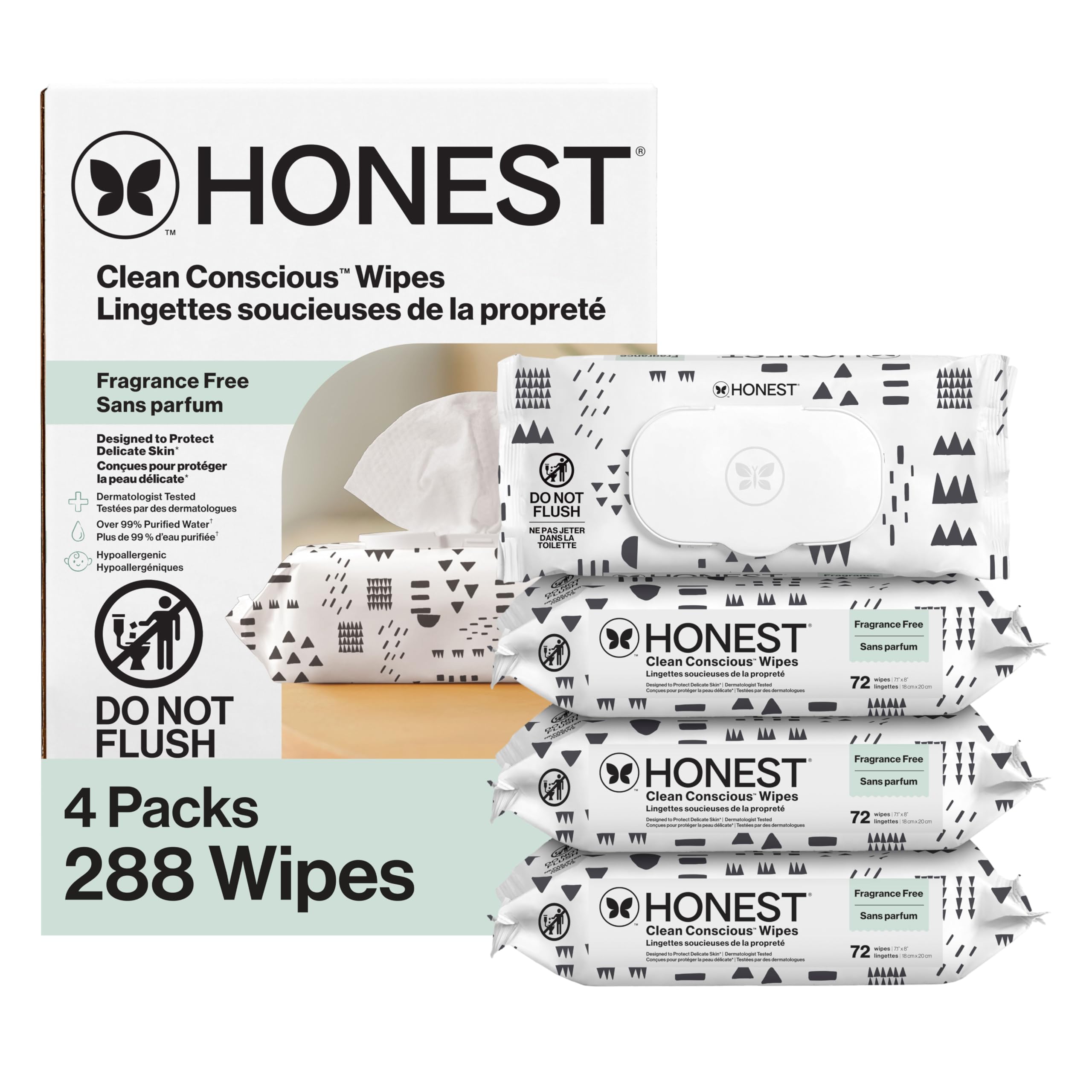 Honest wipes box and packs, white with black geometric patterns, "Do Not Flush" symbol visible.