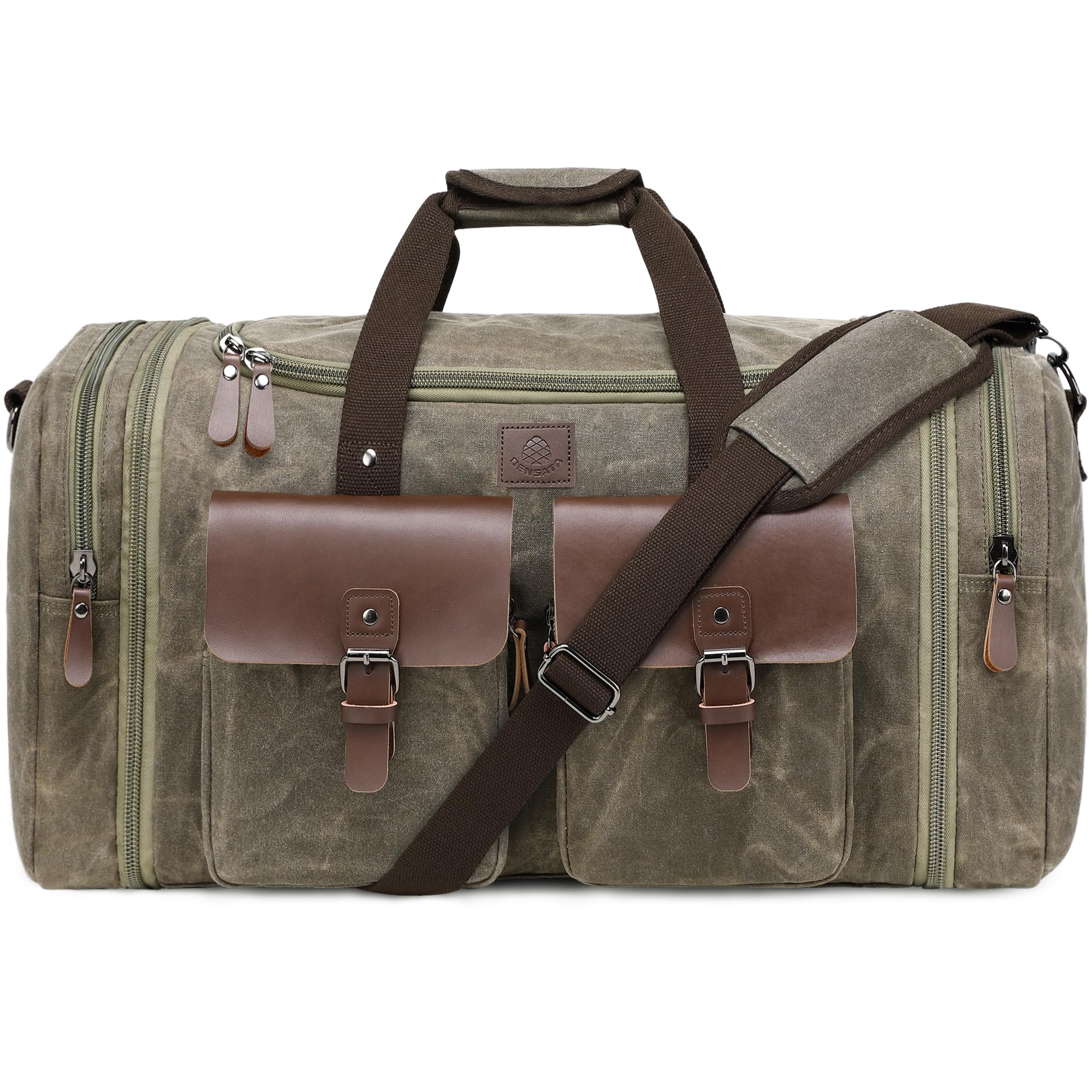 50L Expandable Canvas Duffel - Leather Trim Travel Bag